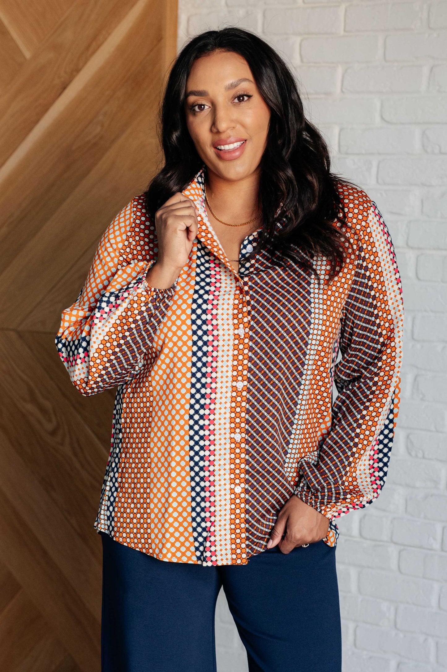 Polka Dot Poplin Top with collared neckline, button front, and balloon sleeves