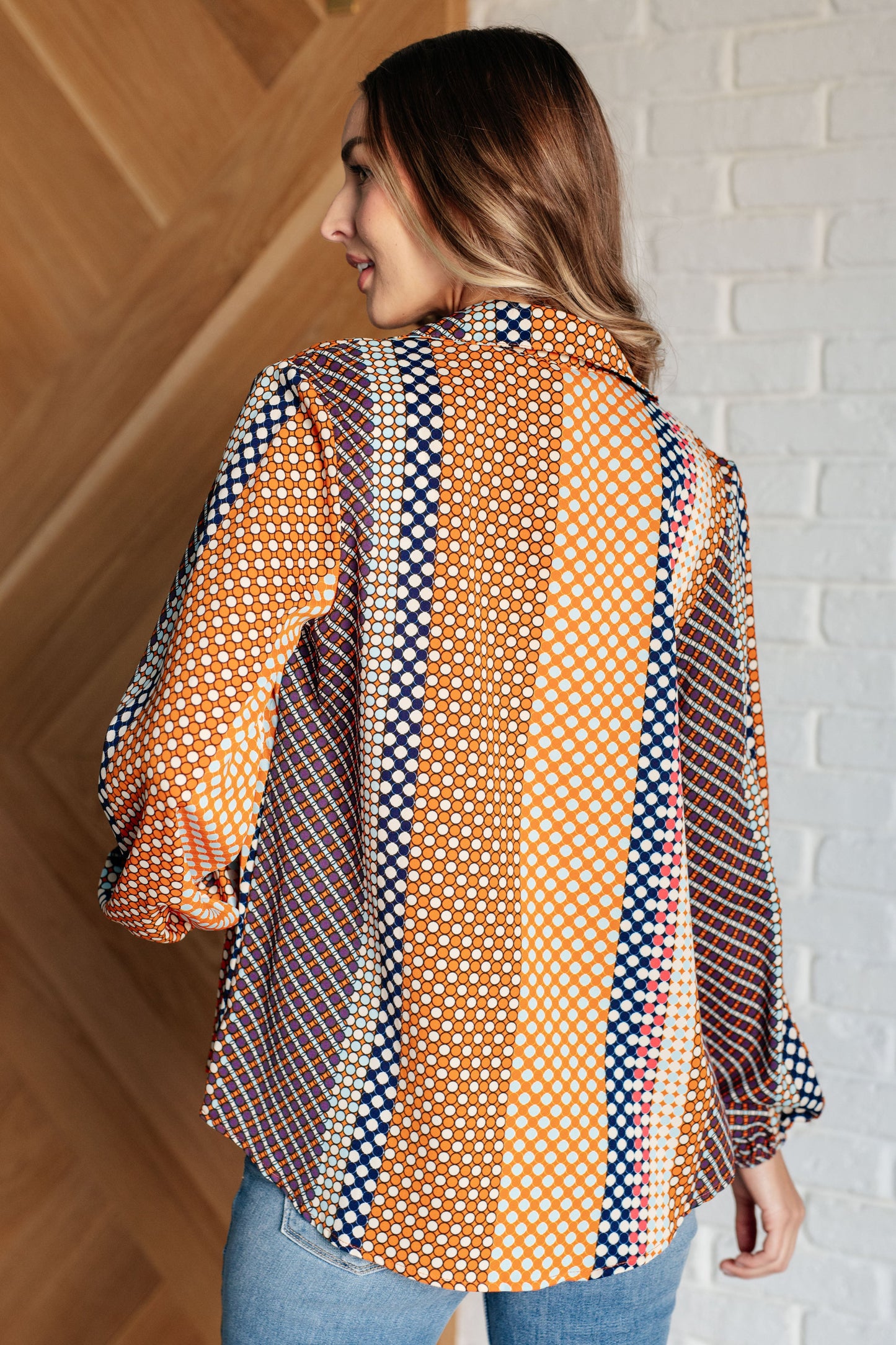 Polka Dot Poplin Top with collared neckline, button front, and balloon sleeves