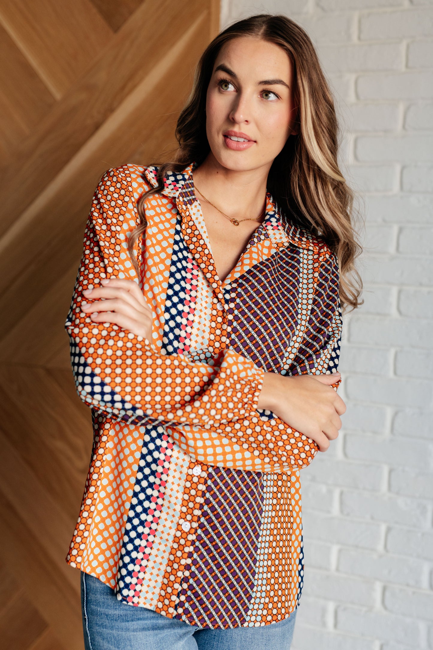 Polka Dot Poplin Top with collared neckline, button front, and balloon sleeves