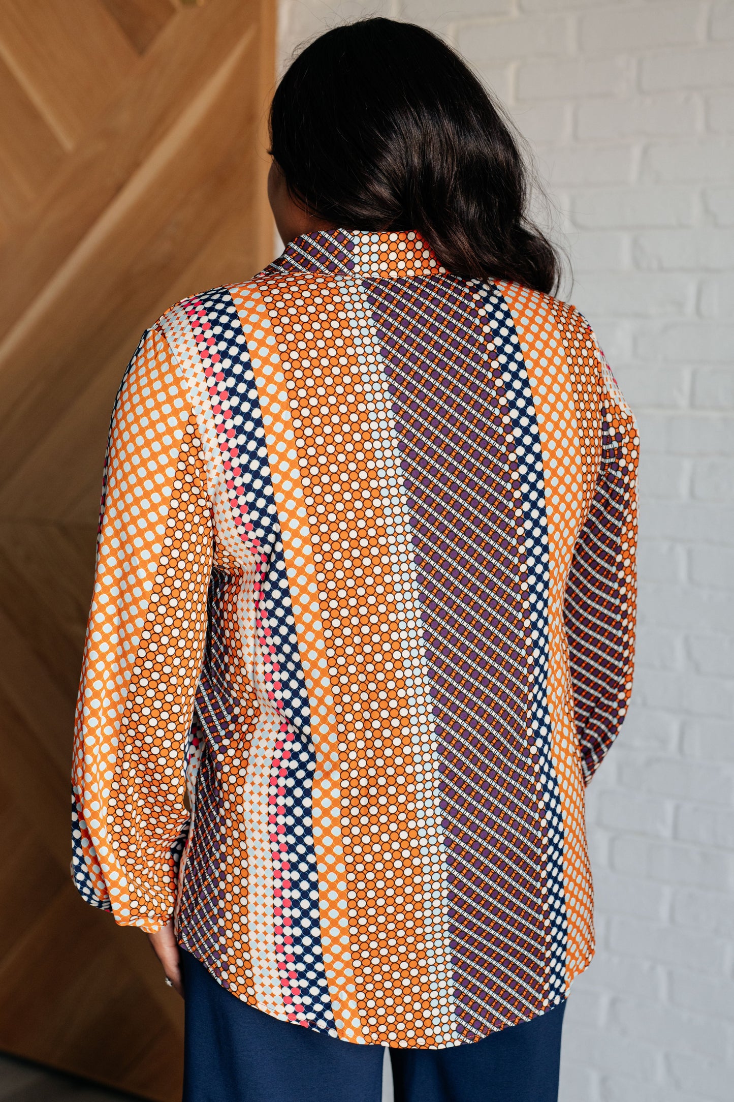 Polka Dot Poplin Top with collared neckline, button front, and balloon sleeves