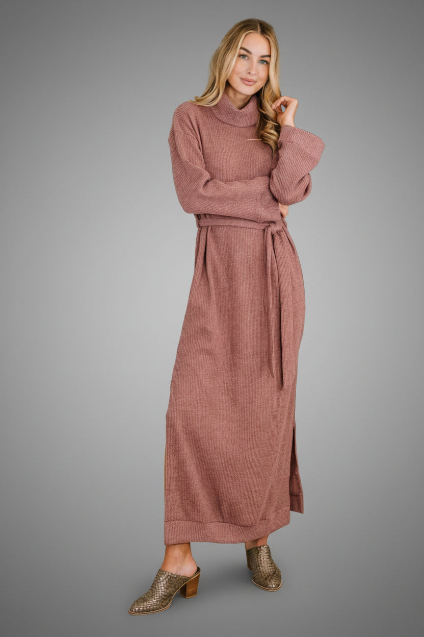 Waffle Knit Maxi Dress - Autumn Berry Turtleneck with Belt | Ruthie's Rack XL