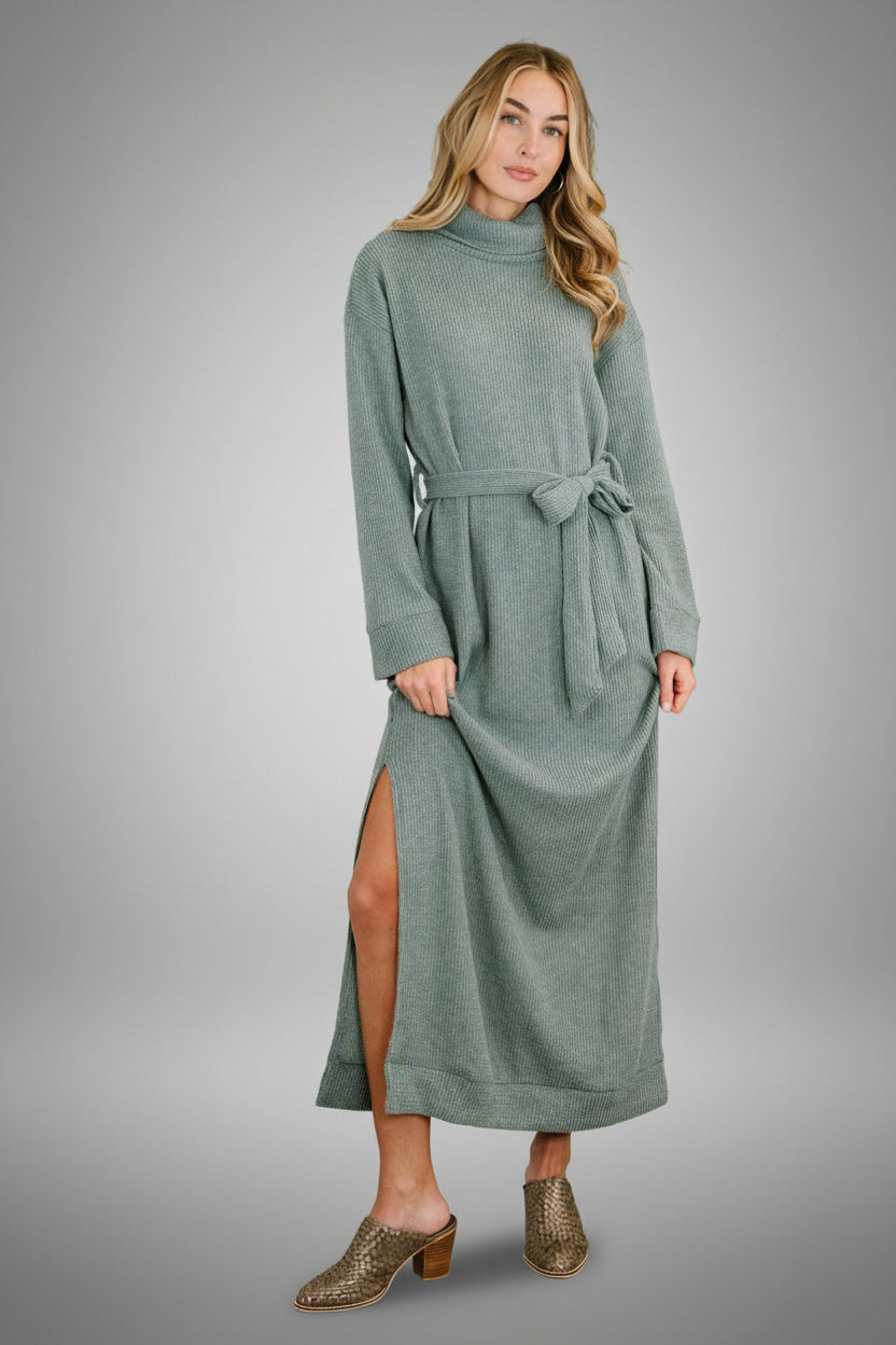 Waffle Knit Maxi Dress - Soft Teal Turtleneck with Belt