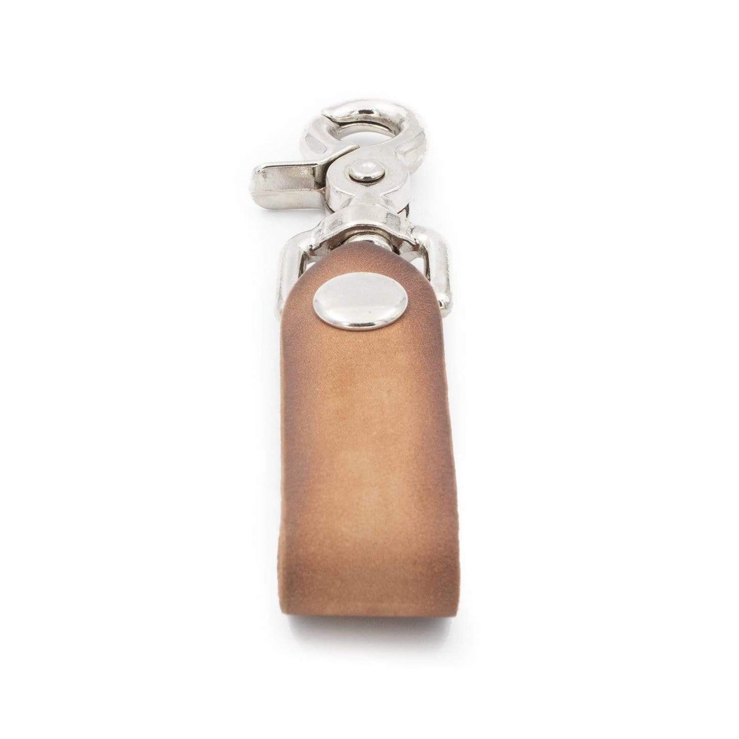 Brown leather key fob with silver clip on a white background