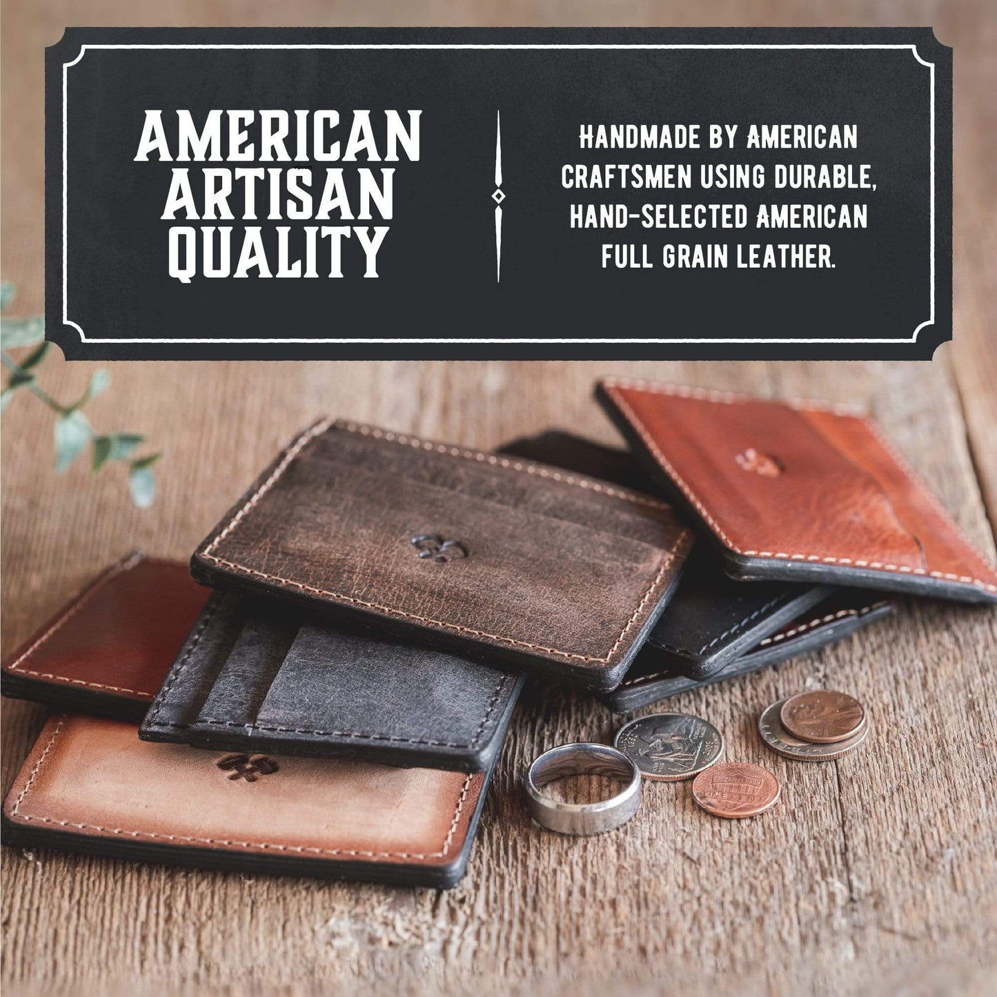 Stack of leather wallets on a wooden surface with coins and a ring, featuring 'American Artisan Quality' text.