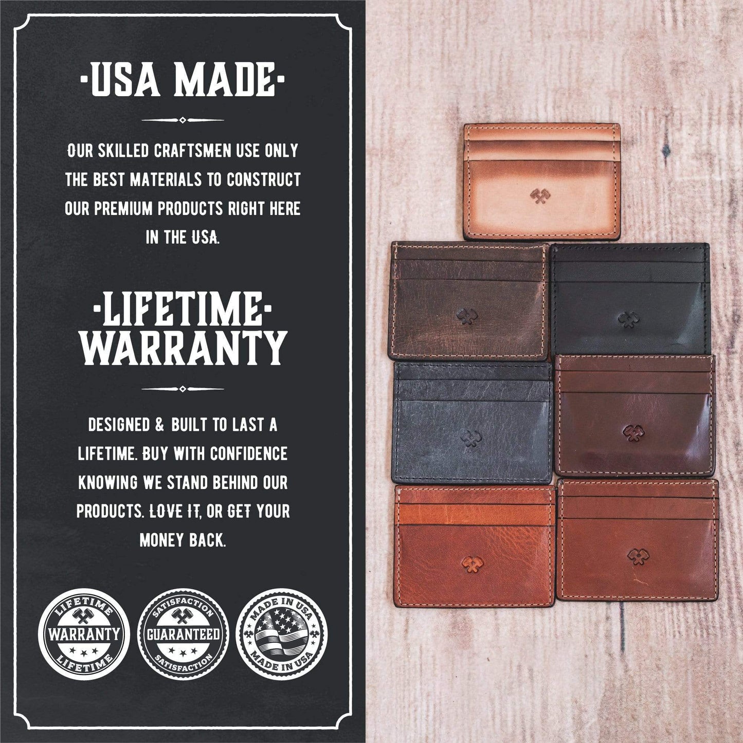 Collection of leather card holders on a wooden surface with 'USA Made' and lifetime warranty text.