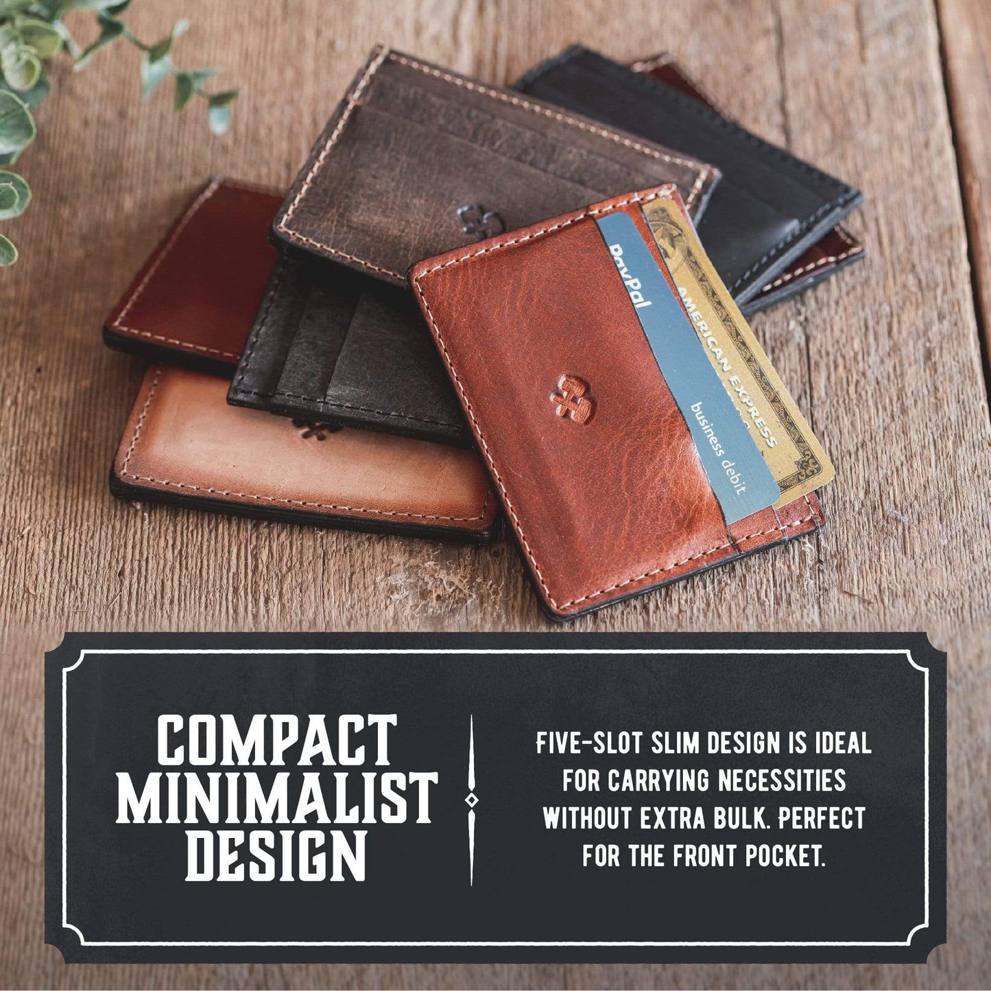 Collection of leather wallets on a wooden surface with text highlighting their design.