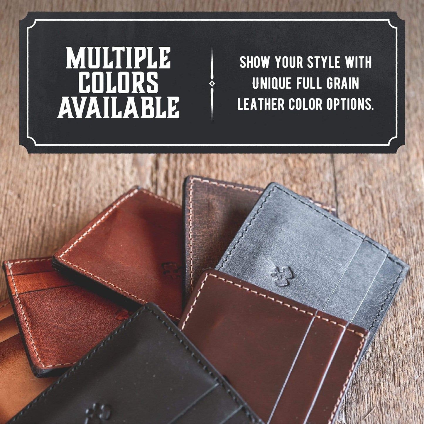 Collection of leather wallets in various colors on a wooden surface with text about color options.
