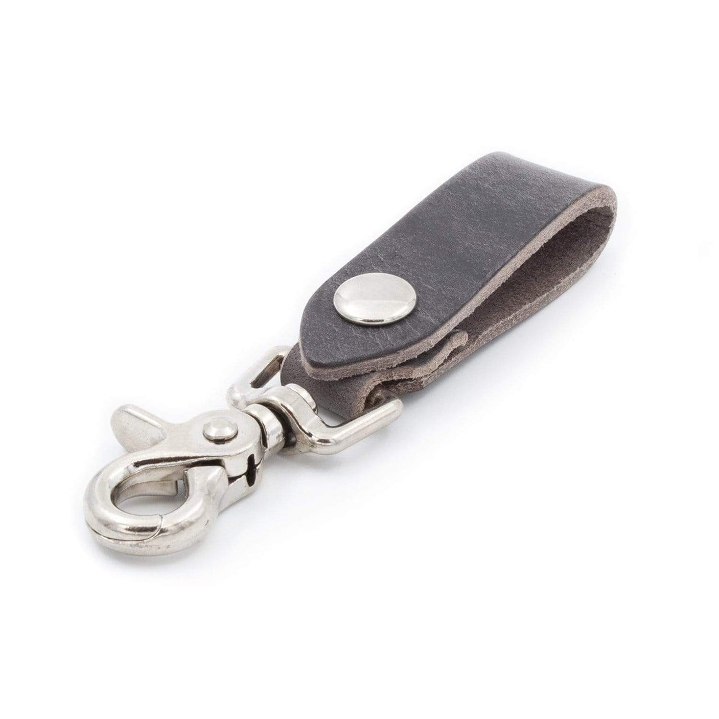 Gray leather keychain with metal clasp on a white background