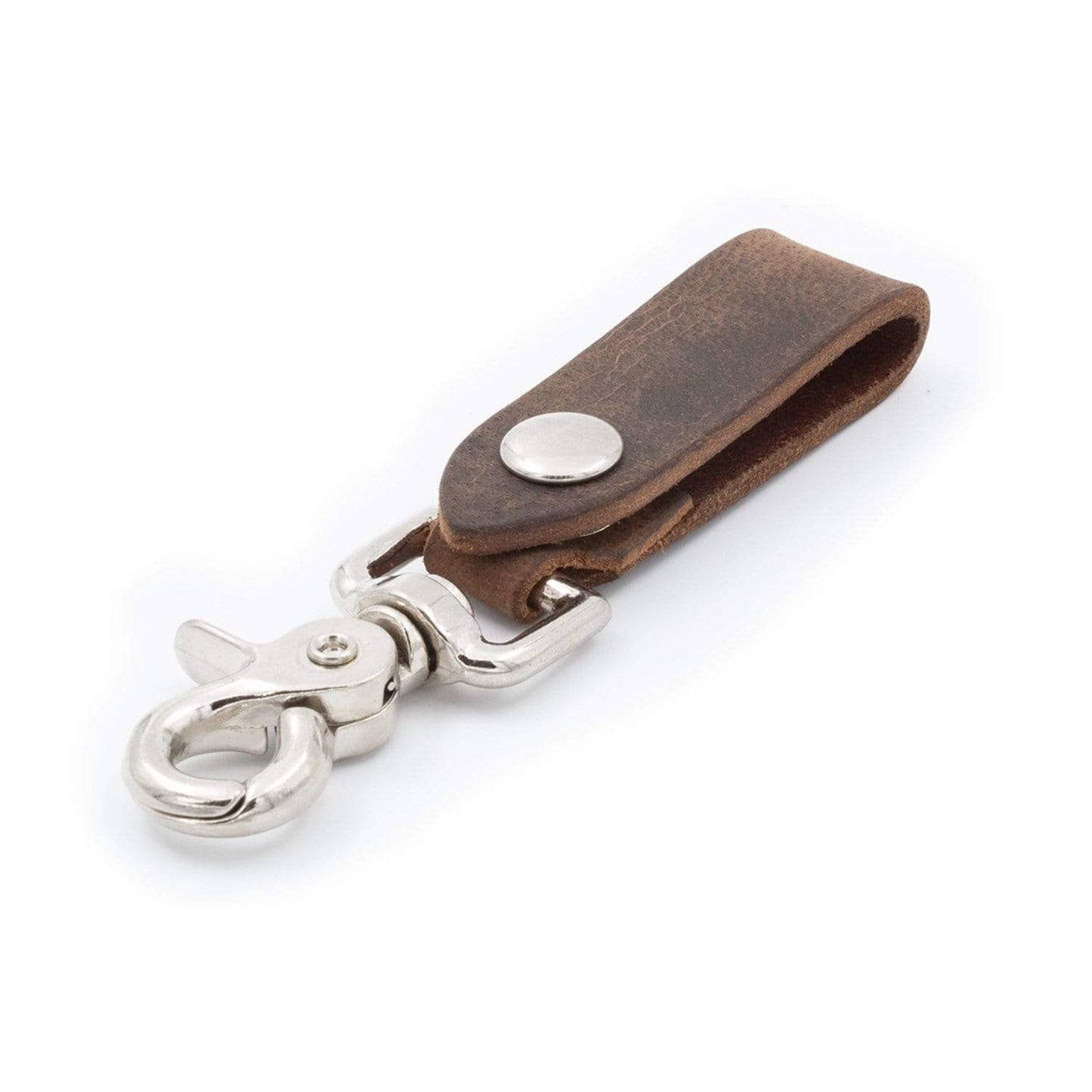 Brown leather keychain with silver clasp on a white background