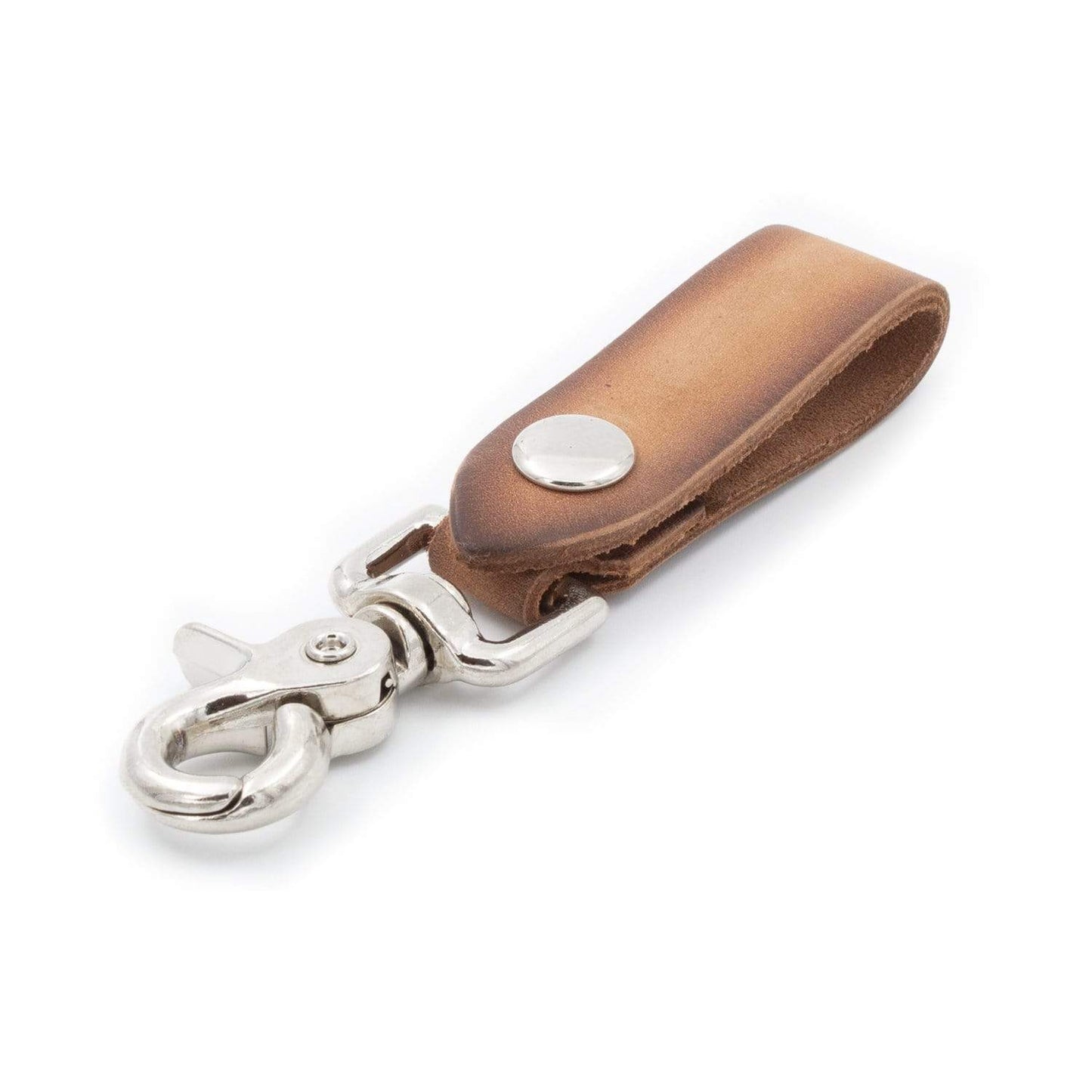 Brown leather keychain with silver clasp on a white background