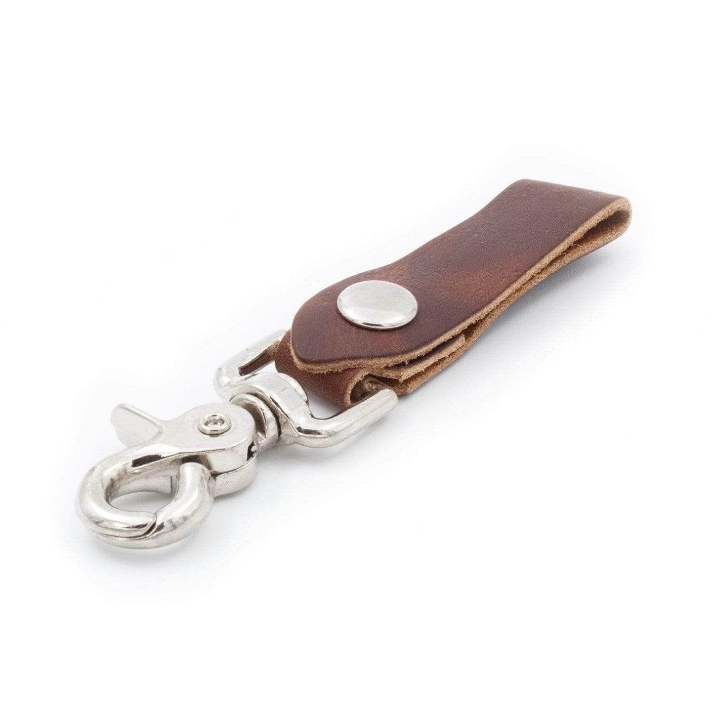 Brown leather keychain with silver clasp on a white background
