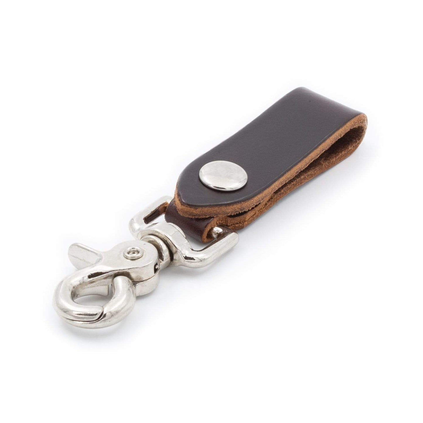 Brown leather keychain with silver clasp on a white background