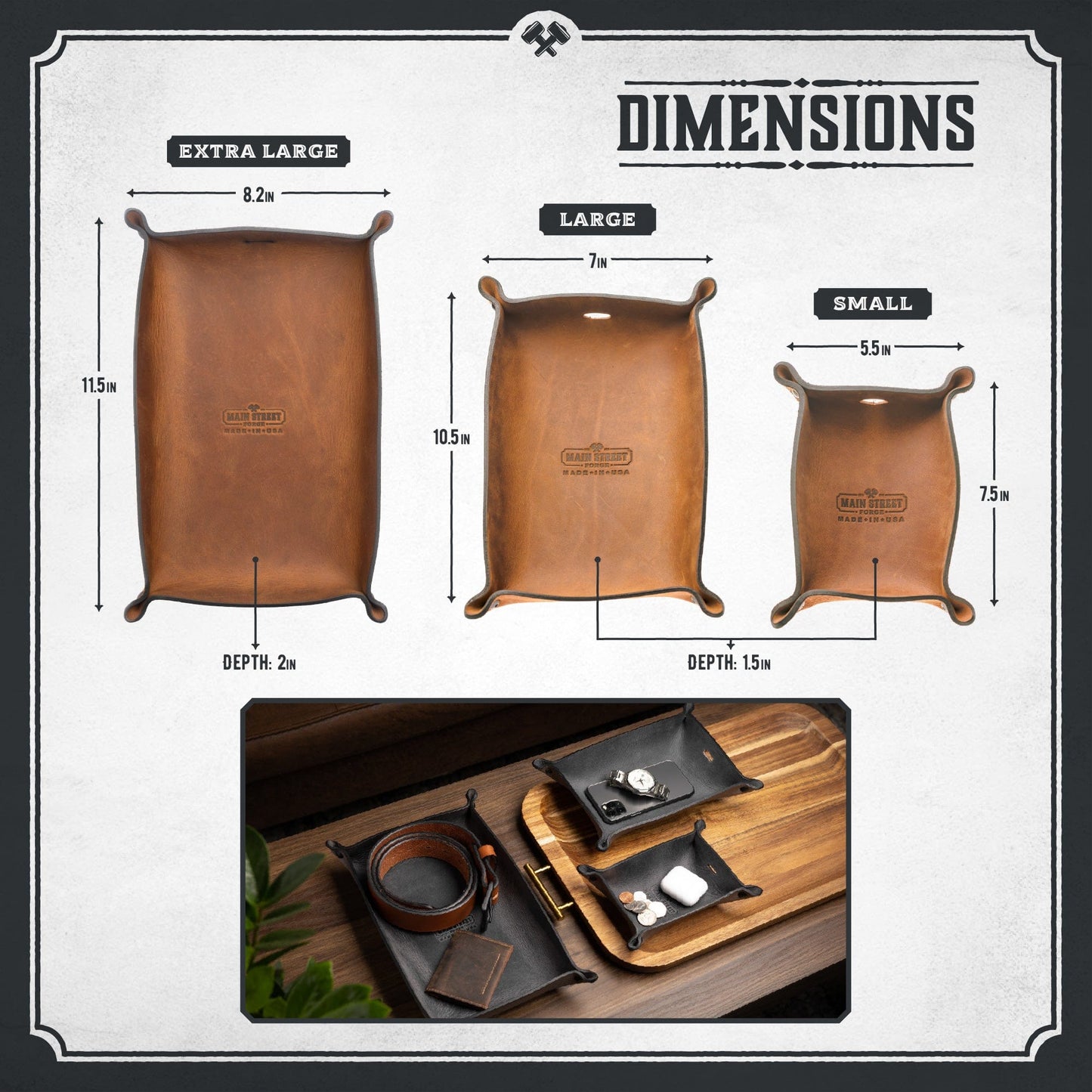 Main Street Forge leather valet tray catchall organizer in gray, brown, and black