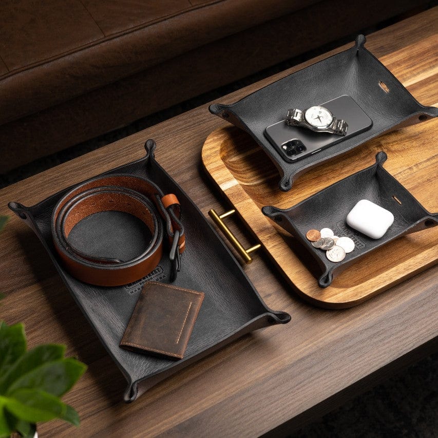 Main Street Forge leather valet tray catchall organizer in gray, brown, and black