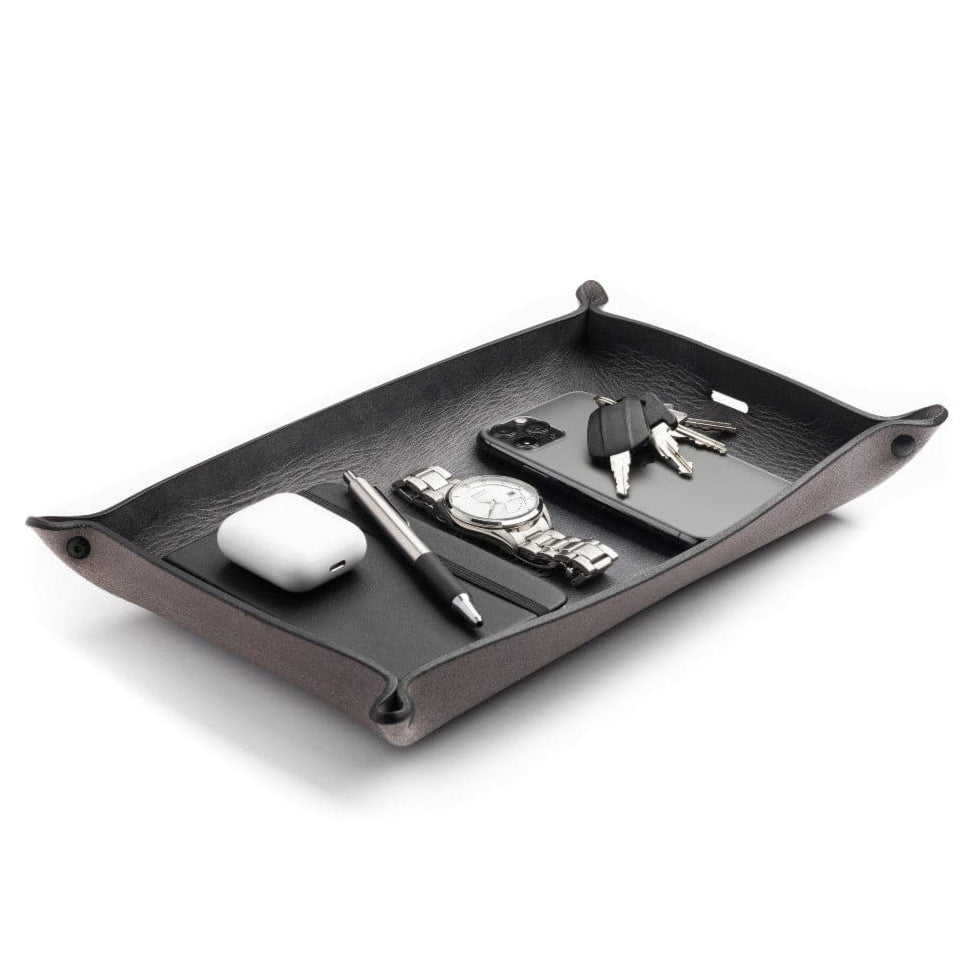 Main Street Forge leather valet tray catchall organizer in gray, brown, and black