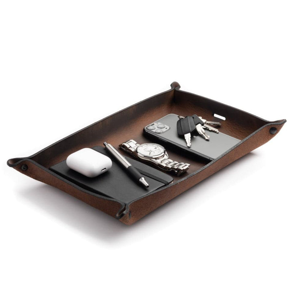 Main Street Forge leather valet tray catchall organizer in gray, brown, and black