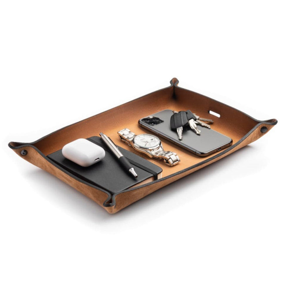 Main Street Forge leather valet tray catchall organizer in gray, brown, and black
