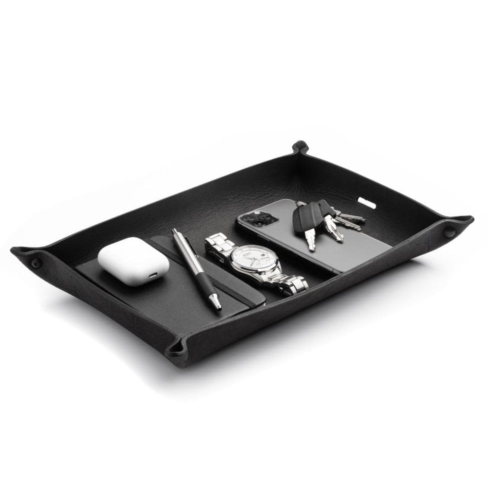 Main Street Forge leather valet tray catchall organizer in gray, brown, and black