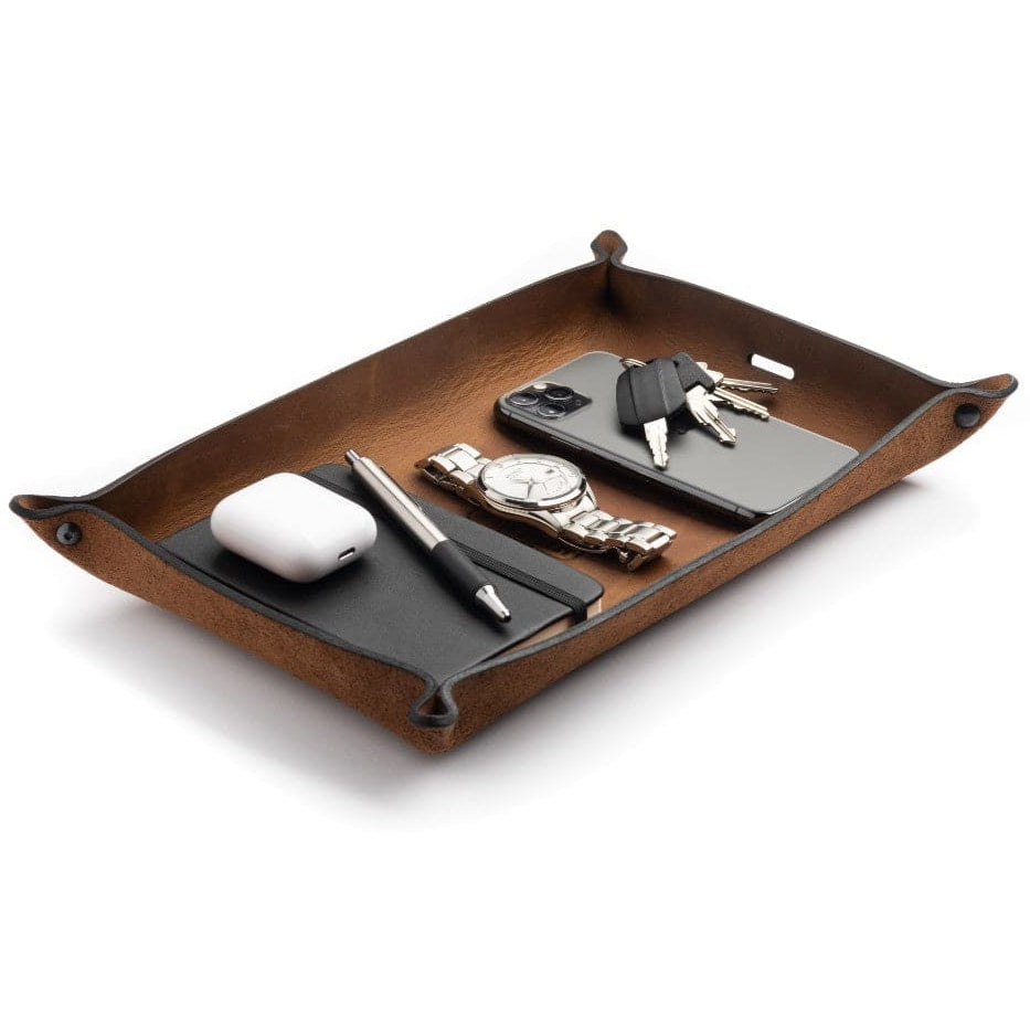 Main Street Forge leather valet tray catchall organizer in gray, brown, and black