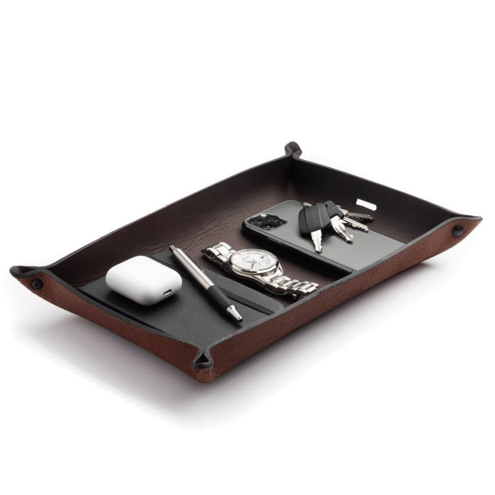 Main Street Forge leather valet tray catchall organizer in gray, brown, and black