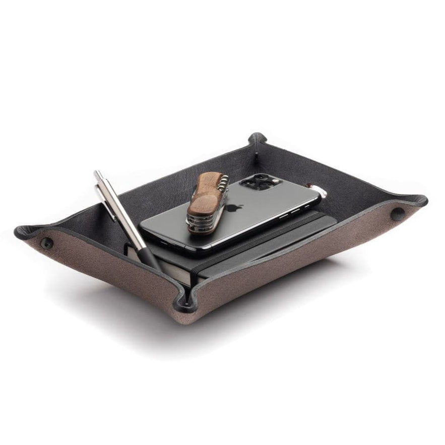 Main Street Forge leather valet tray catchall organizer in gray, brown, and black