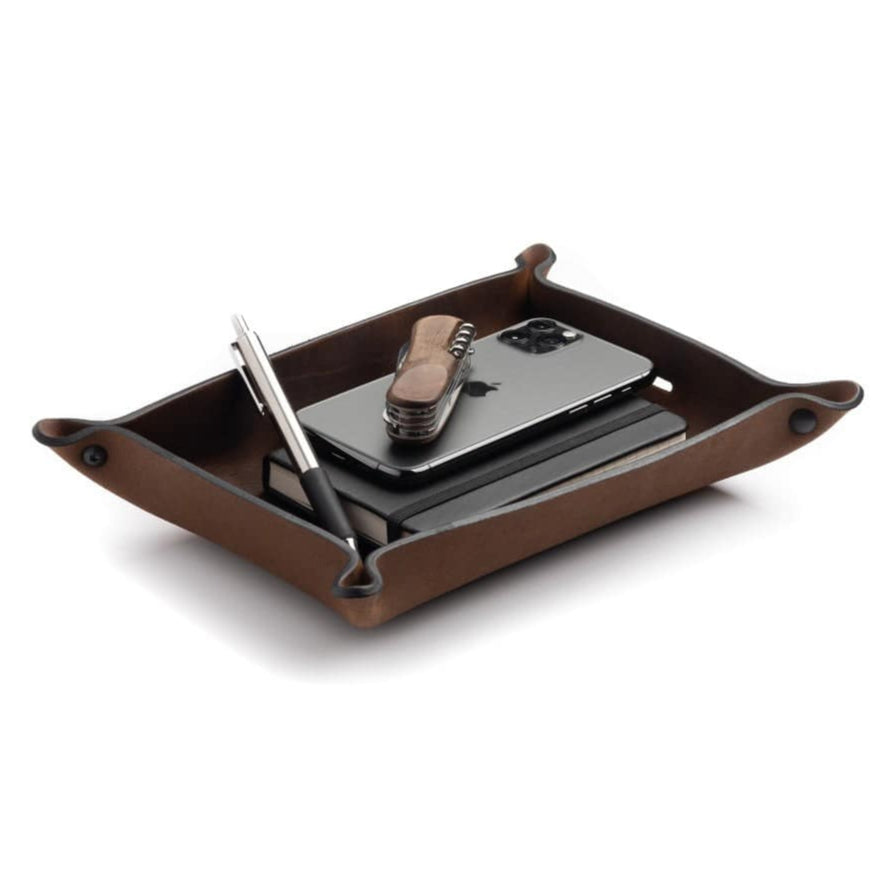 Main Street Forge leather valet tray catchall organizer in gray, brown, and black