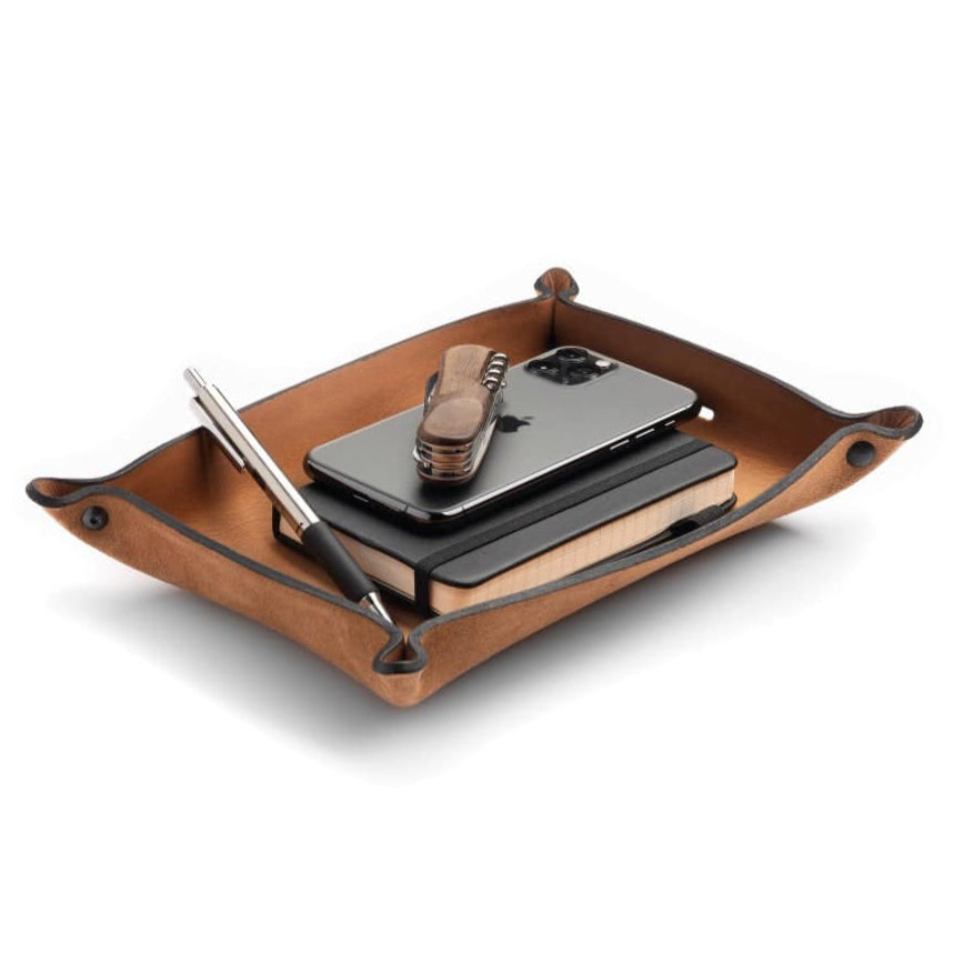 Main Street Forge leather valet tray catchall organizer in gray, brown, and black