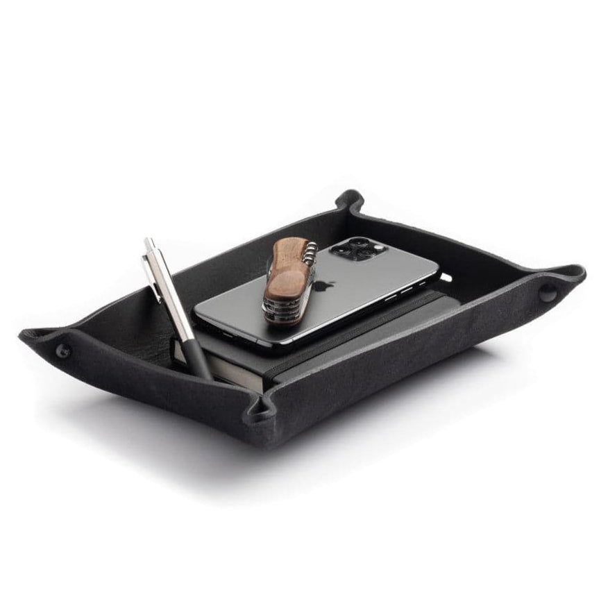 Main Street Forge leather valet tray catchall organizer in gray, brown, and black