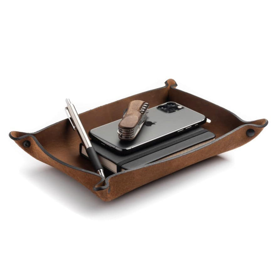 Main Street Forge leather valet tray catchall organizer in gray, brown, and black