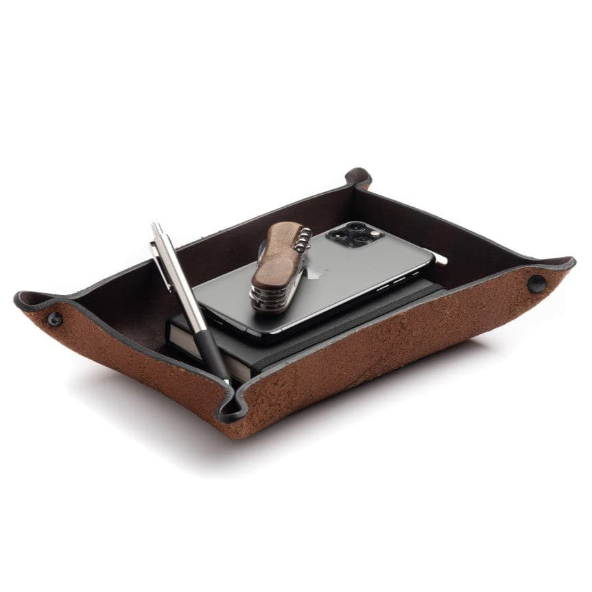 Main Street Forge leather valet tray catchall organizer in gray, brown, and black