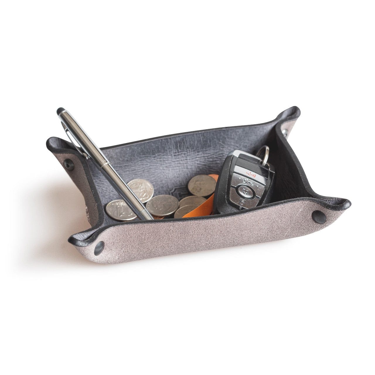 Main Street Forge leather valet tray catchall organizer in gray, brown, and black