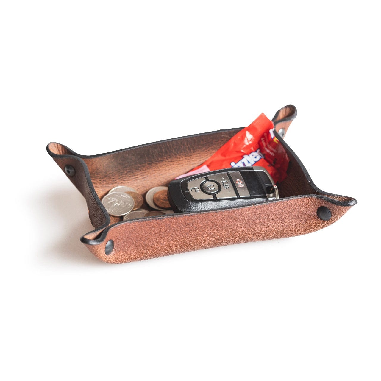 Main Street Forge leather valet tray catchall organizer in gray, brown, and black