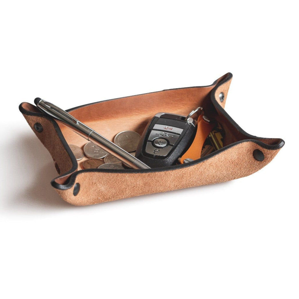 Main Street Forge leather valet tray catchall organizer in gray, brown, and black