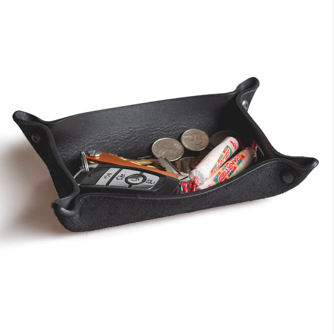 Main Street Forge leather valet tray catchall organizer in gray, brown, and black