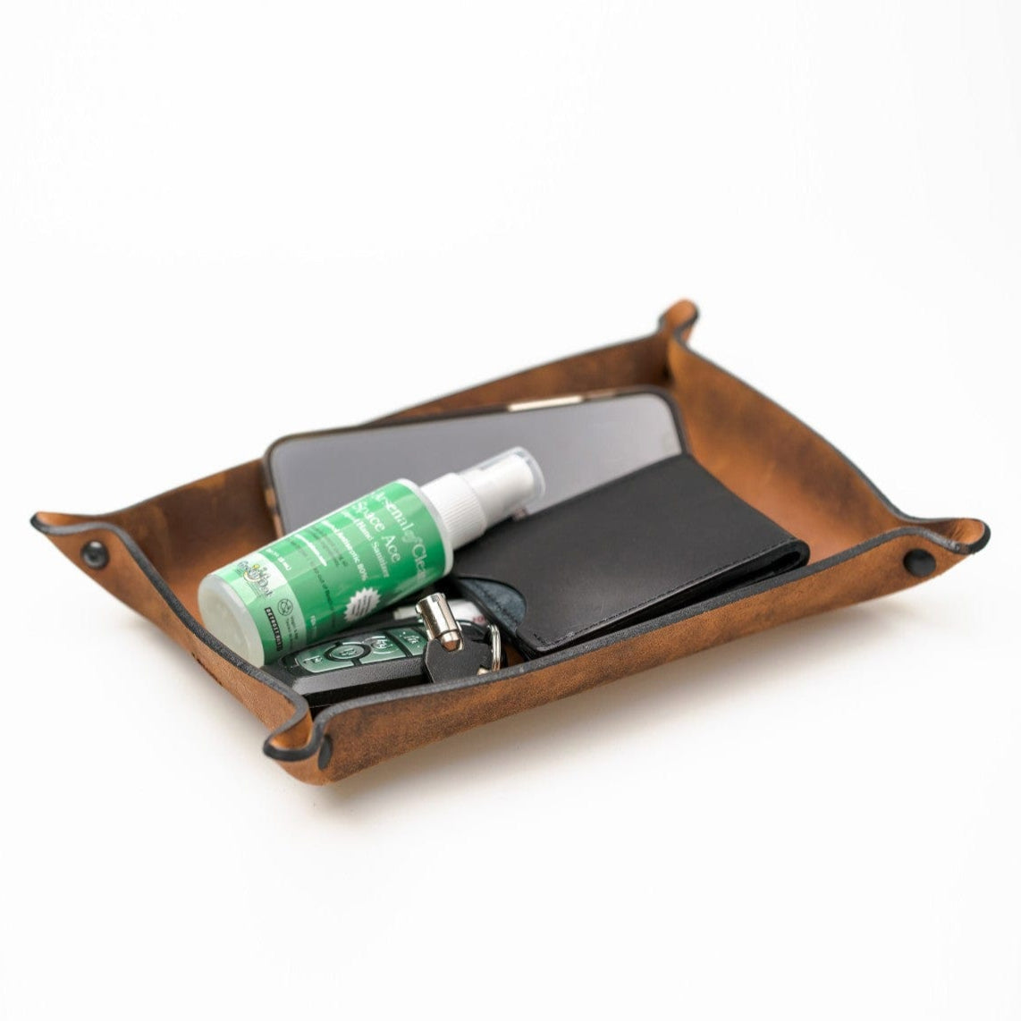 Main Street Forge leather valet tray catchall organizer in gray, brown, and black