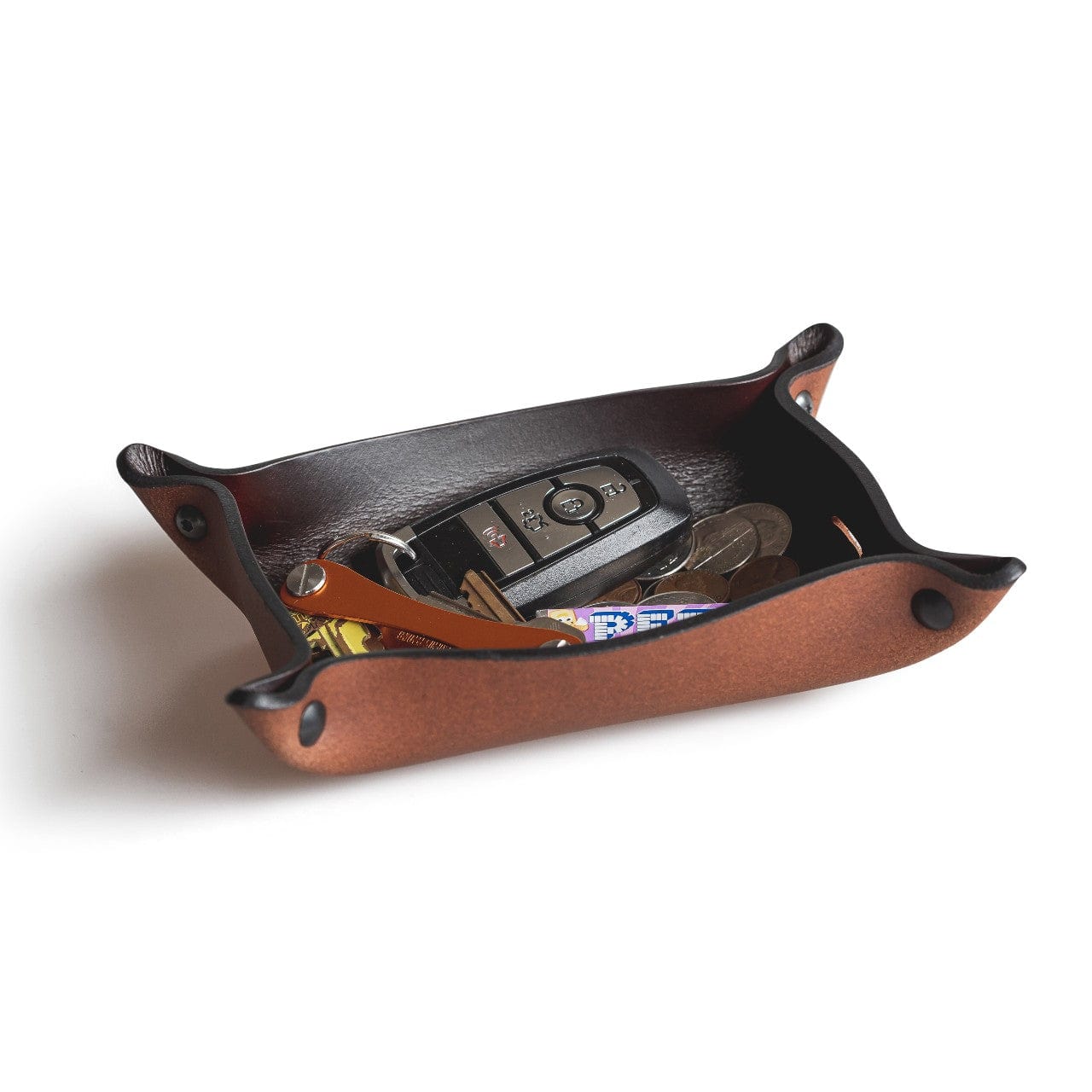 Main Street Forge leather valet tray catchall organizer in gray, brown, and black