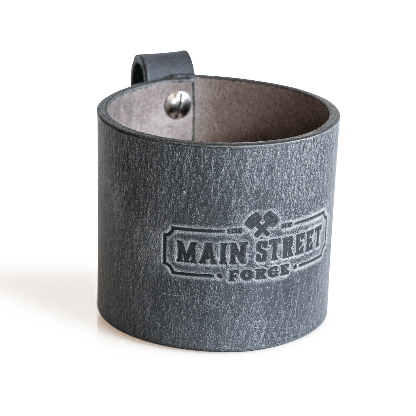 Leather mason jar sleeve with handle in brown, gray, and black full-grain leather, handmade in USA by Main Street Forge
