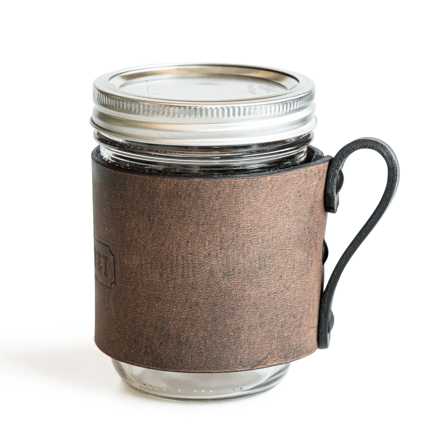 Leather mason jar sleeve with handle in brown, gray, and black full-grain leather, handmade in USA by Main Street Forge