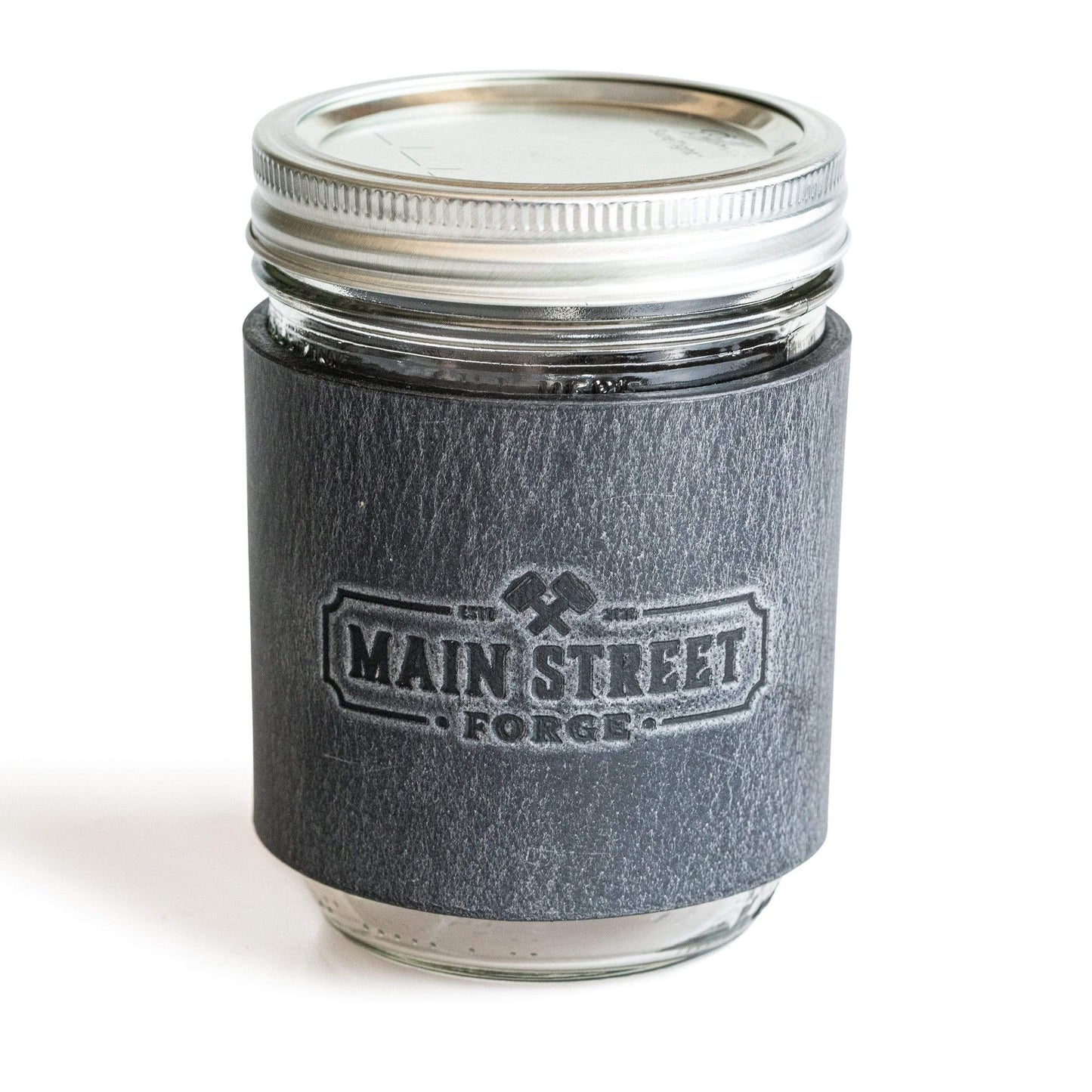 Leather mason jar sleeve with handle in brown, gray, and black full-grain leather, handmade in USA by Main Street Forge