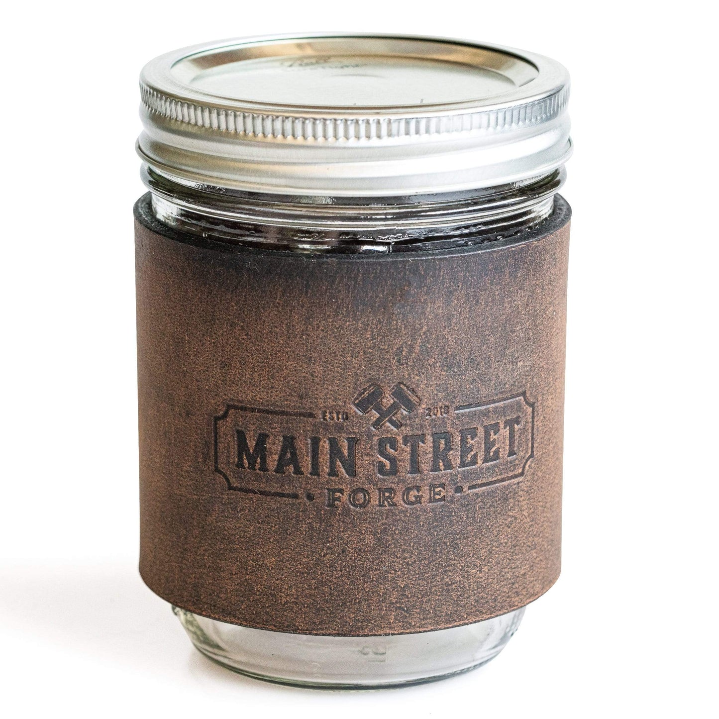 Leather mason jar sleeve with handle in brown, gray, and black full-grain leather, handmade in USA by Main Street Forge