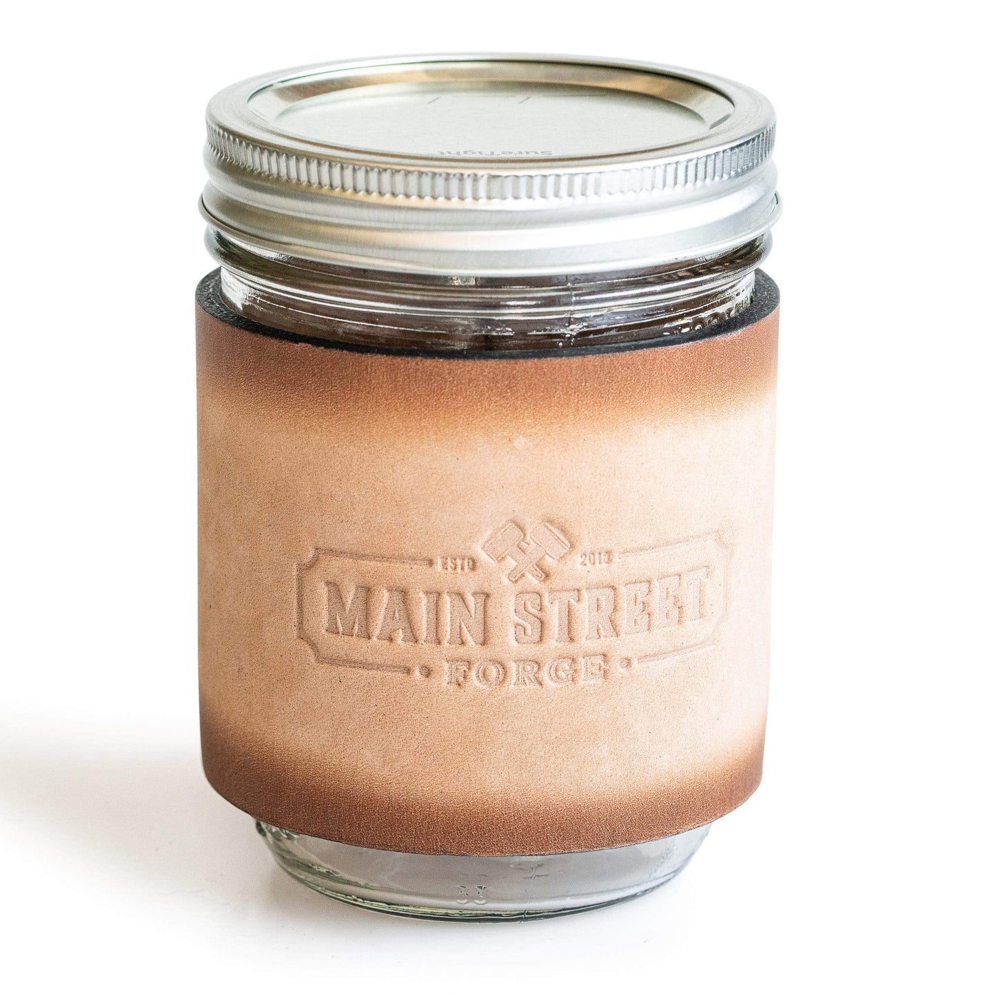 Leather mason jar sleeve with handle in brown, gray, and black full-grain leather, handmade in USA by Main Street Forge