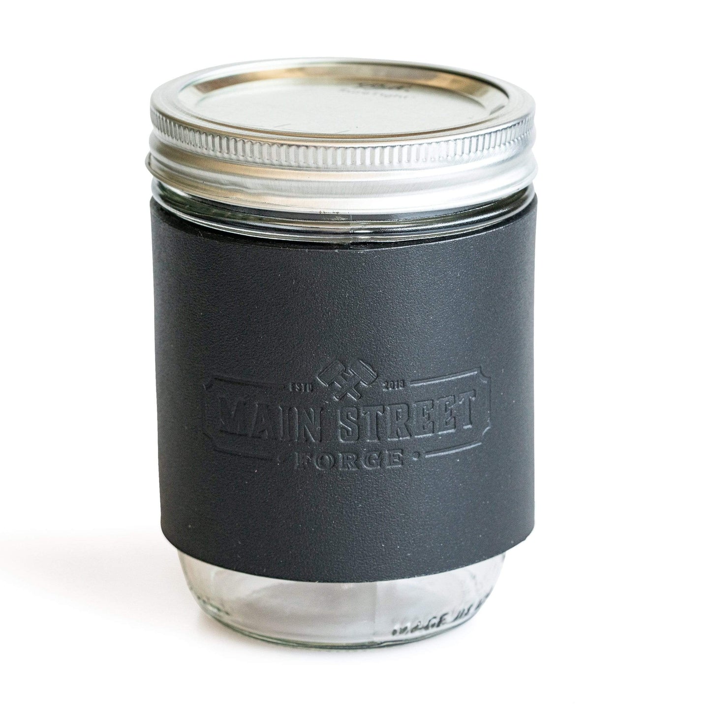 Leather mason jar sleeve with handle in brown, gray, and black full-grain leather, handmade in USA by Main Street Forge