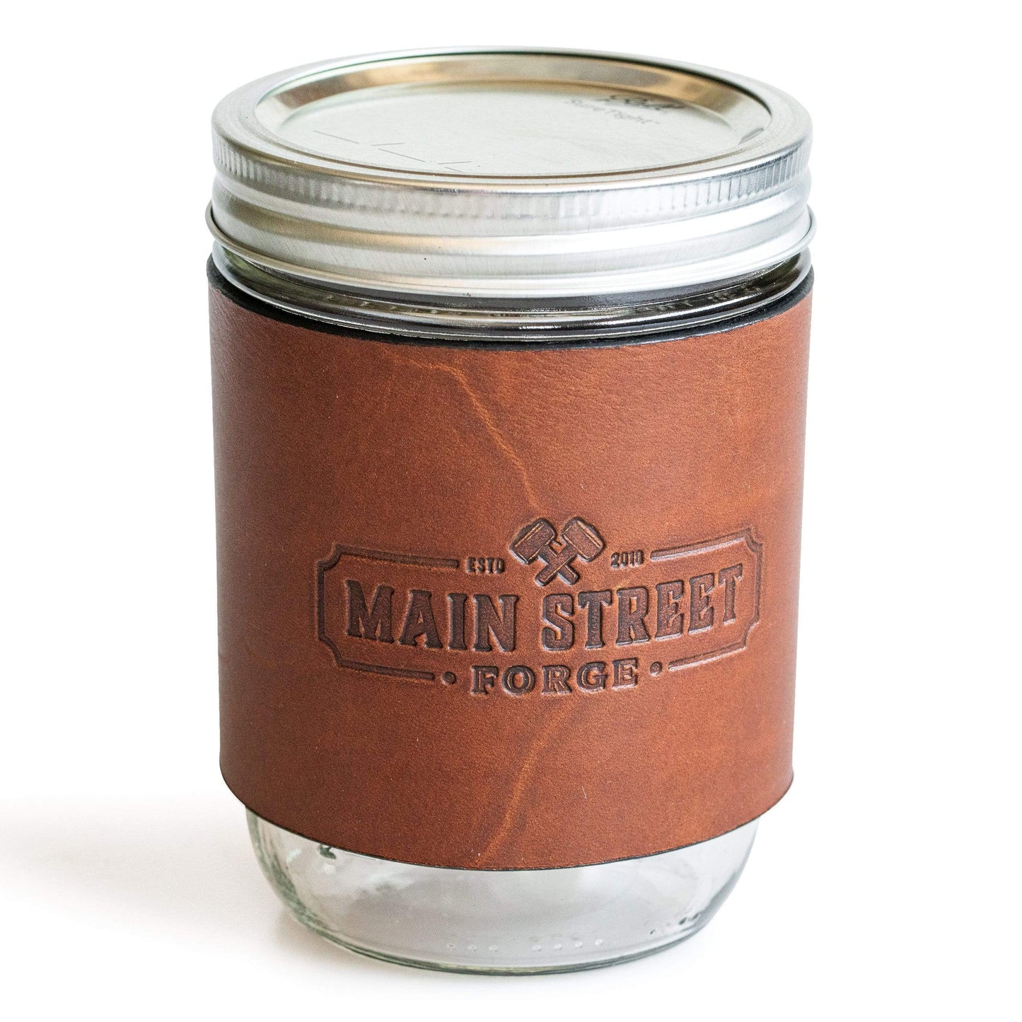 Leather mason jar sleeve with handle in brown, gray, and black full-grain leather, handmade in USA by Main Street Forge