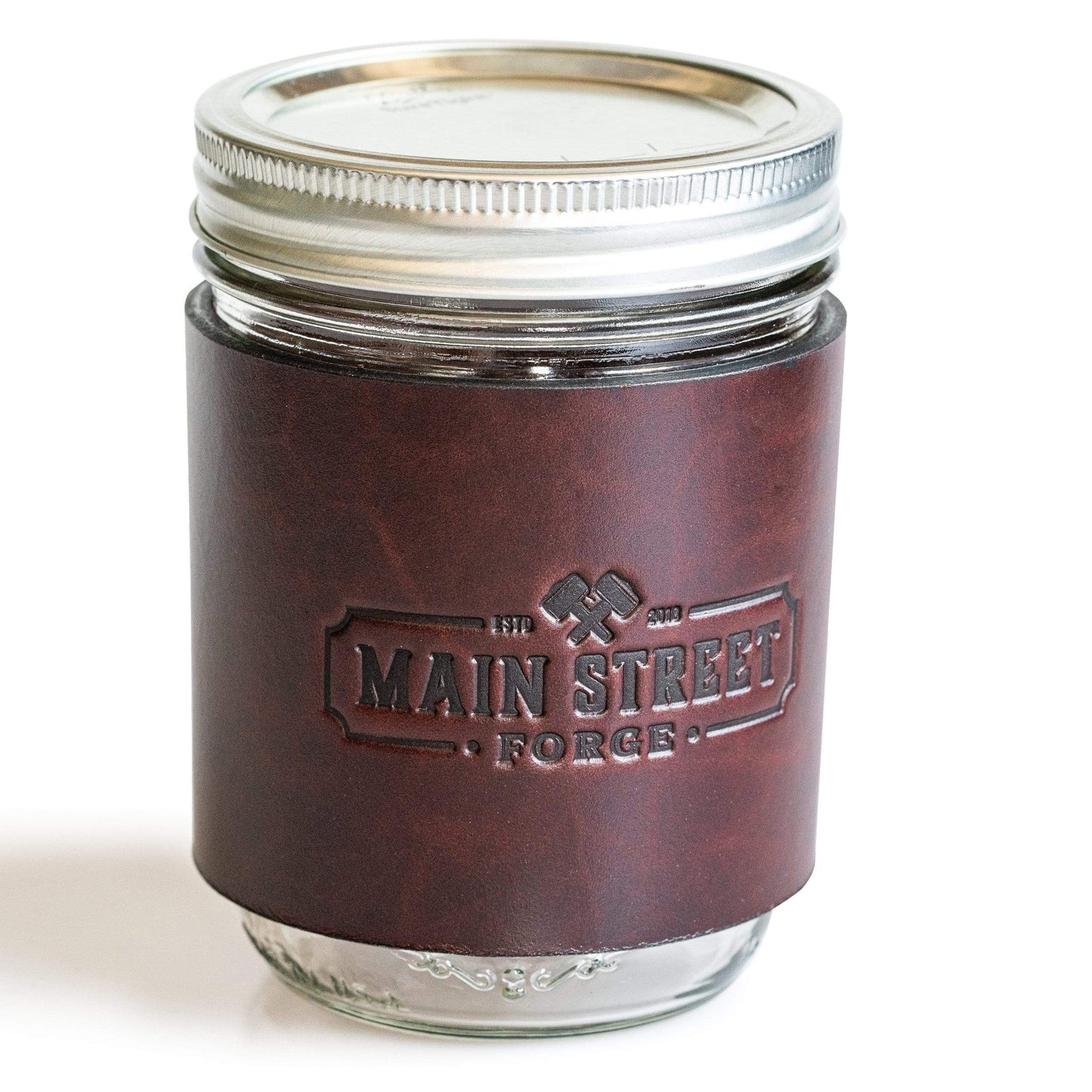 Leather mason jar sleeve with handle in brown, gray, and black full-grain leather, handmade in USA by Main Street Forge
