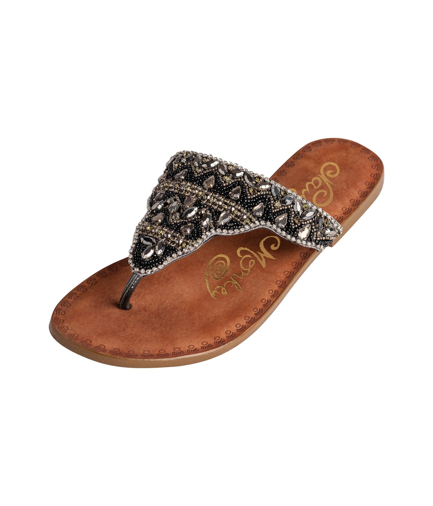 Black jeweled sandals with genuine leather footbed and ornate beaded design