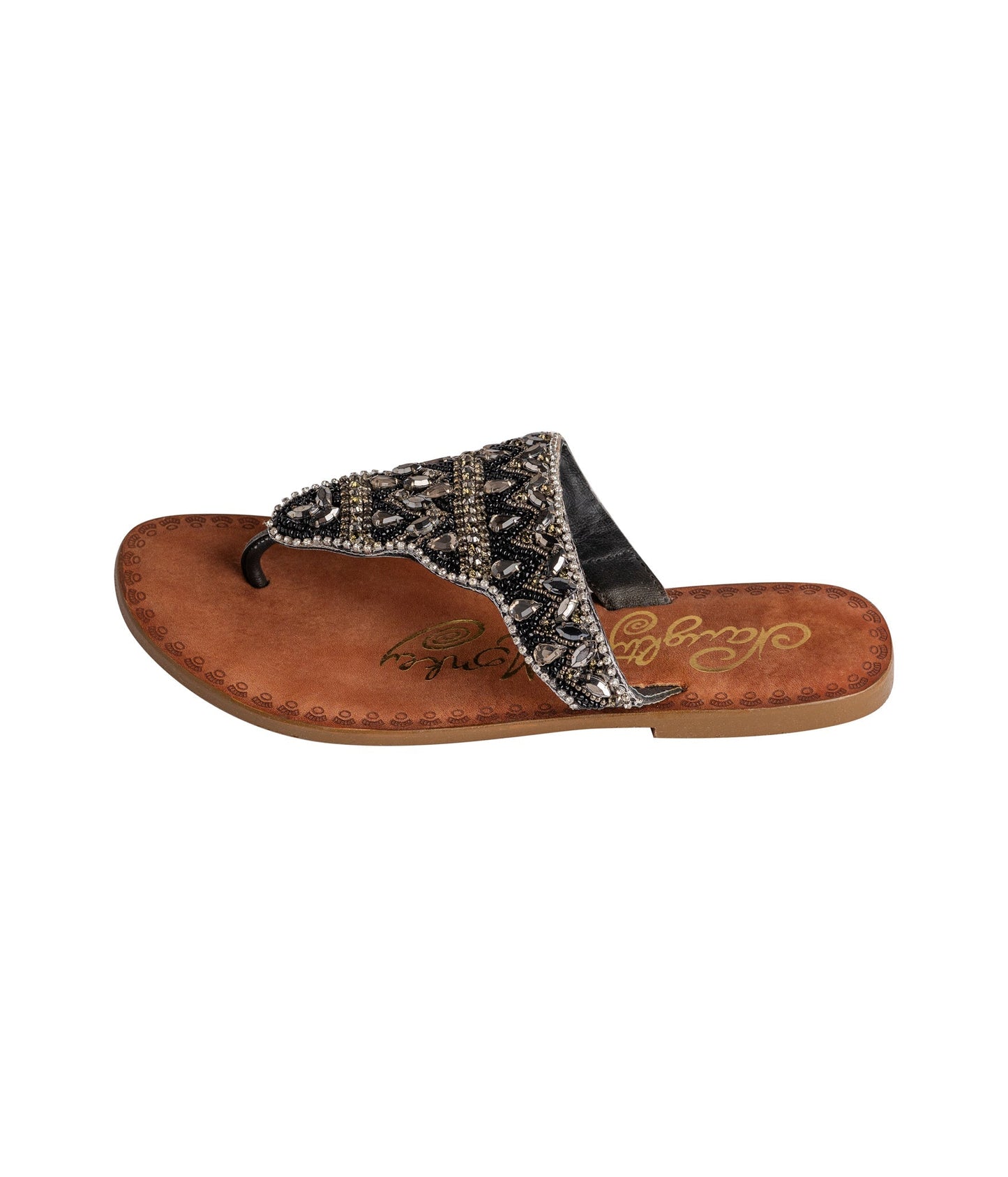 Black jeweled sandals with genuine leather footbed and ornate beaded design