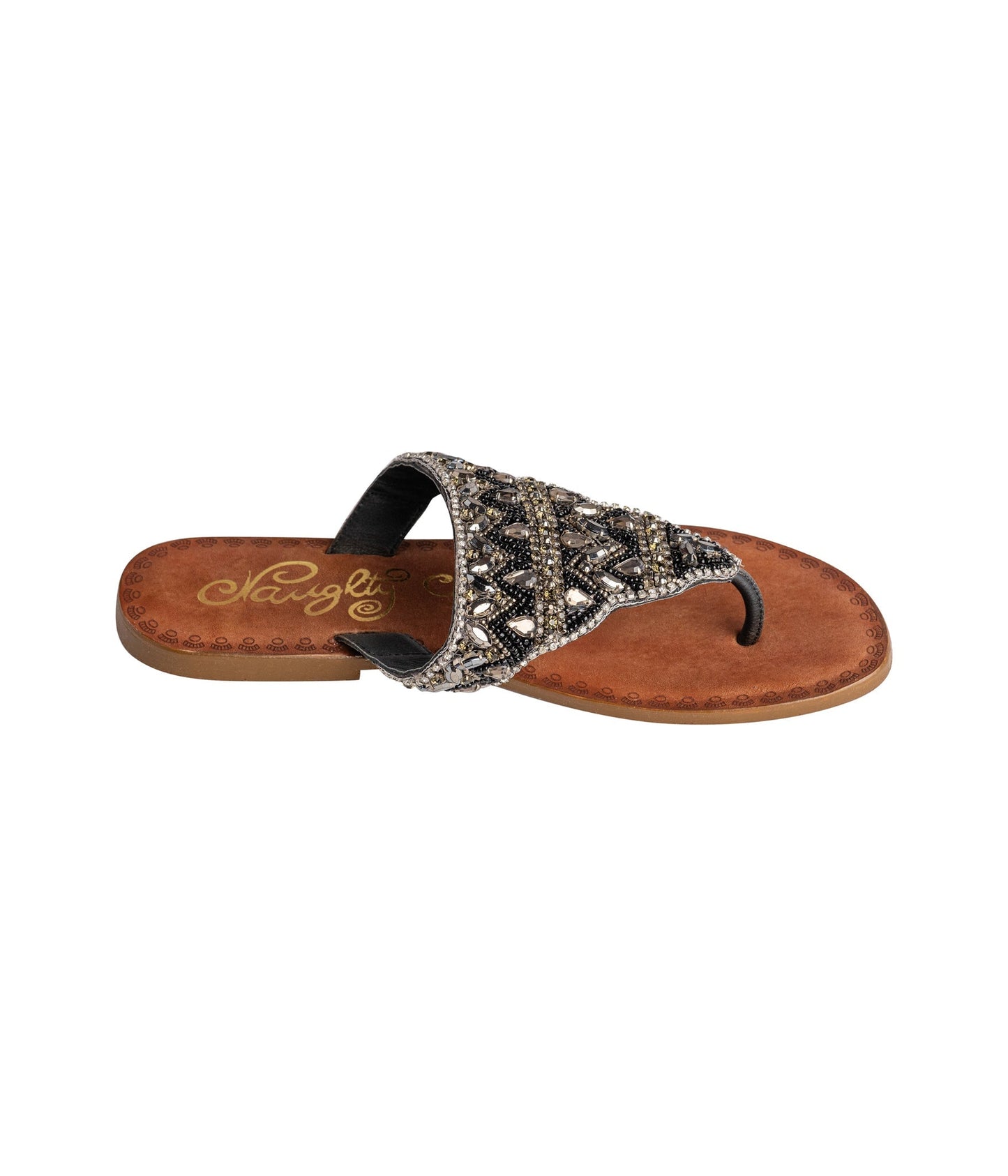 Black jeweled sandals with genuine leather footbed and ornate beaded design