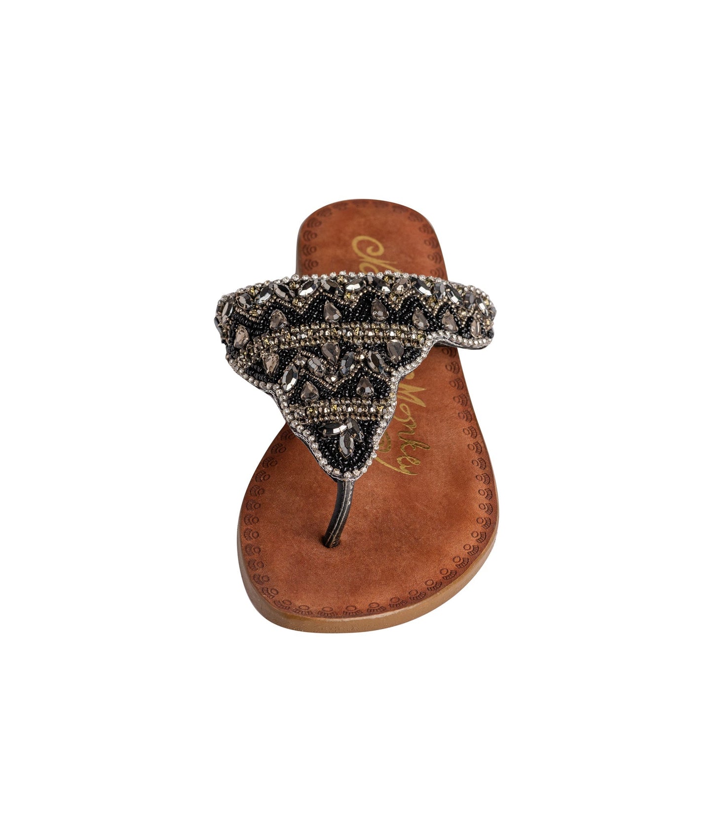 Black jeweled sandals with genuine leather footbed and ornate beaded design