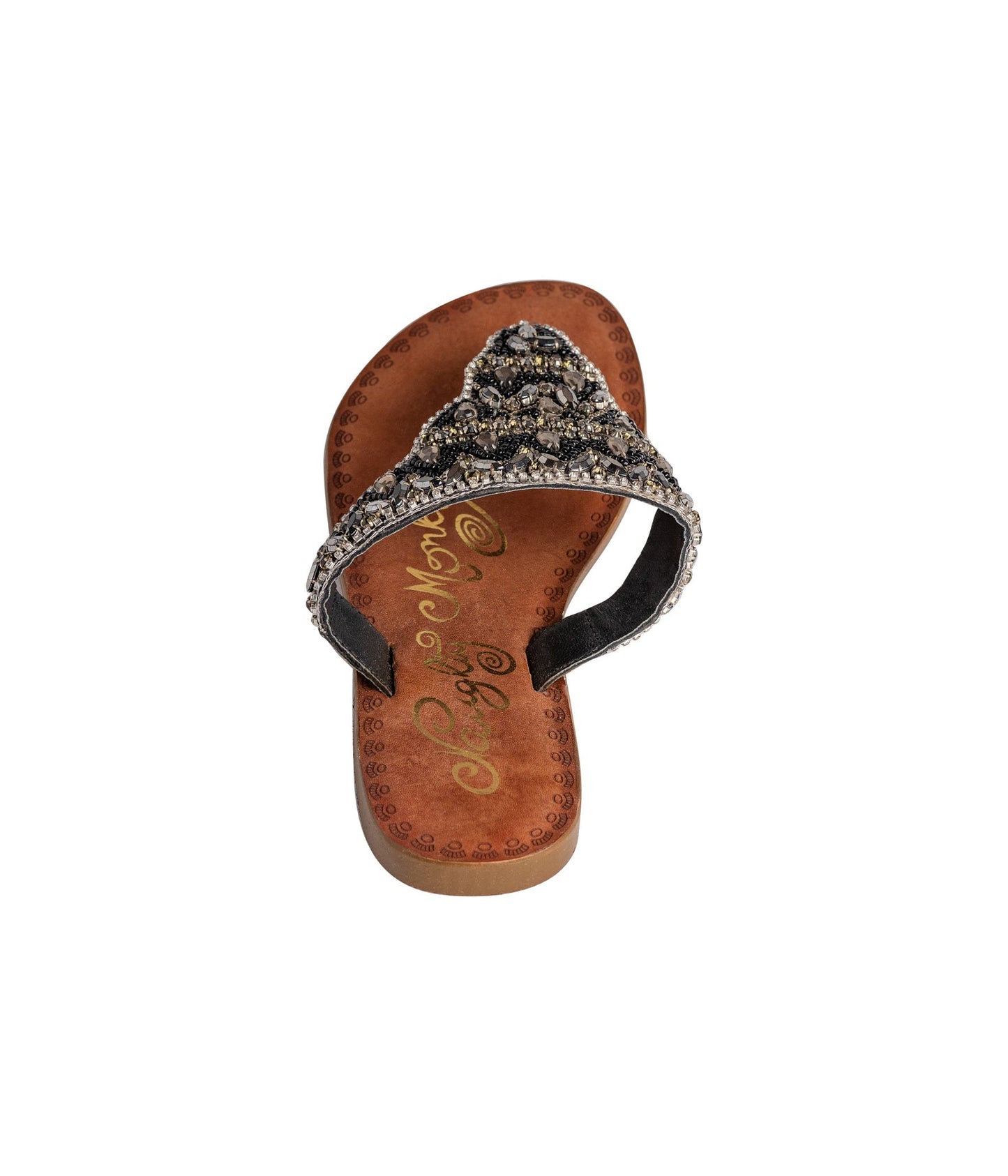 Black jeweled sandals with genuine leather footbed and ornate beaded design