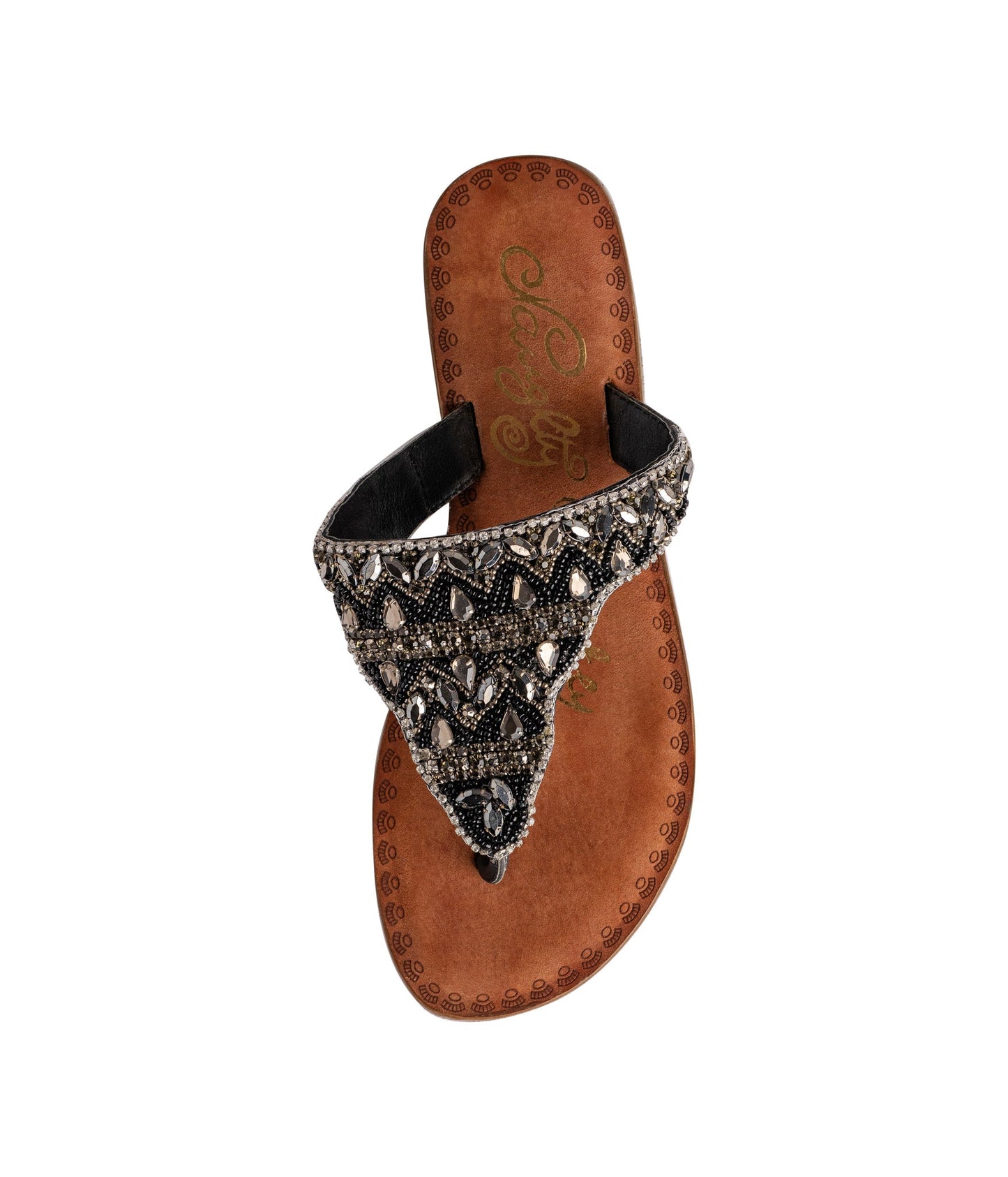 Black jeweled sandals with genuine leather footbed and ornate beaded design